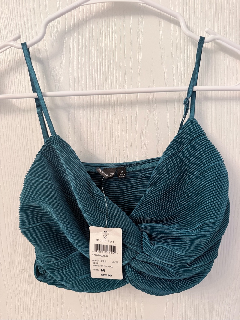 Windsor Teal Pleated Twist-Front Crop Cami
